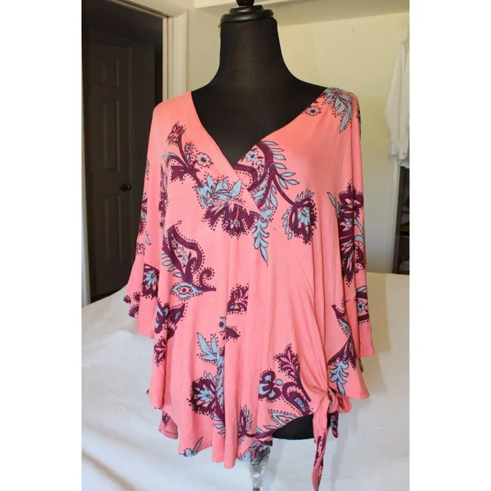 Free People Maui Wowie Paisley Flowy Blouse Size M/oversize Pink Top Casual